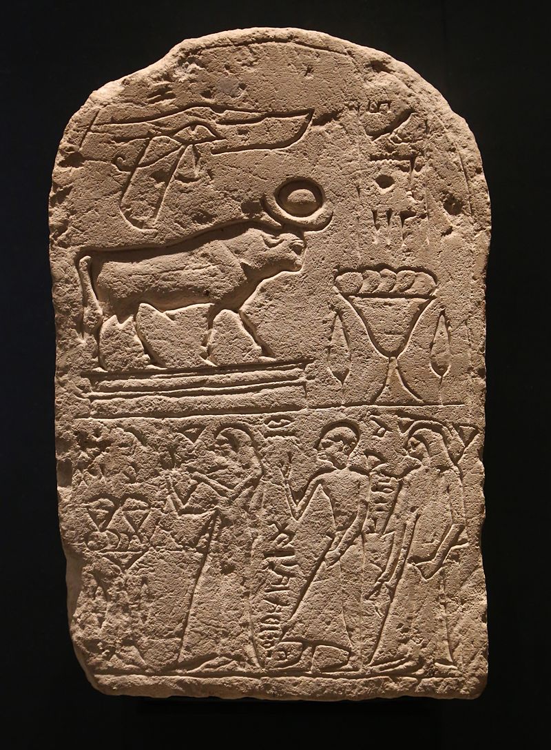 Votivstele fuer den Mnevis Stier, Heliopolis 12. Jh. v. Chr. Aegyptisches Museum, Muenchen 1.jpg